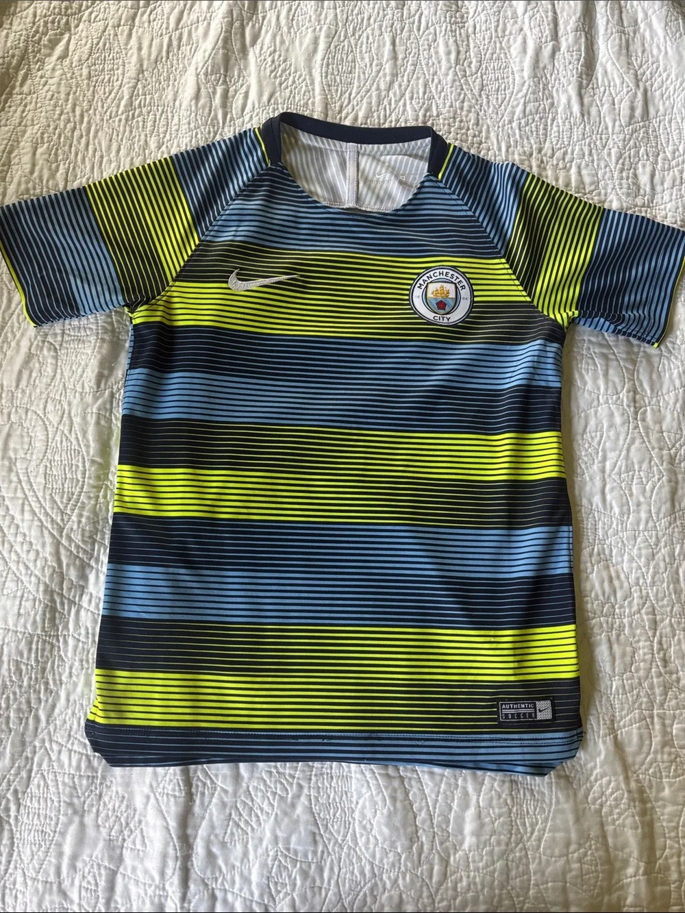 Nike Kids Manchester City Striped Jersey - Blue & Neon Yellow